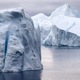 Icebergs which calved from the Sermeq Kujalleq glacier float in the Ilulissat Icefjord, September 2021 in Greenland.